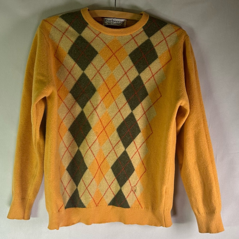 Burberrys 100% Lambswool Gold Green Argyle Sweater Pullover Made in Scotland S/M